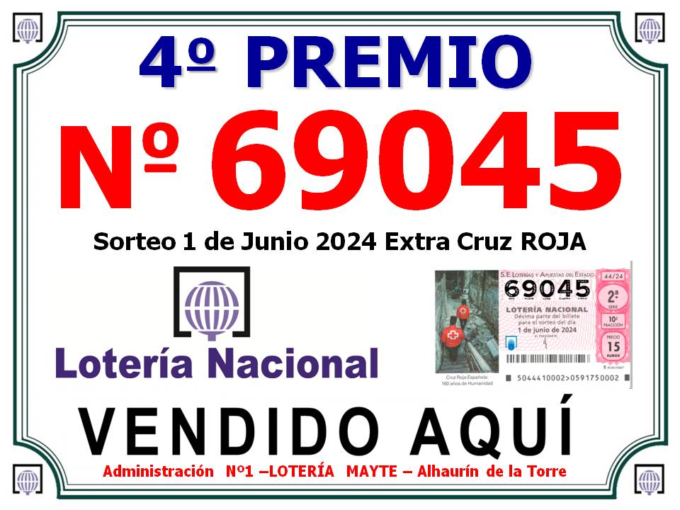 Cartel del cuarto premio loteria nacional sorteo 1 de junio 2024